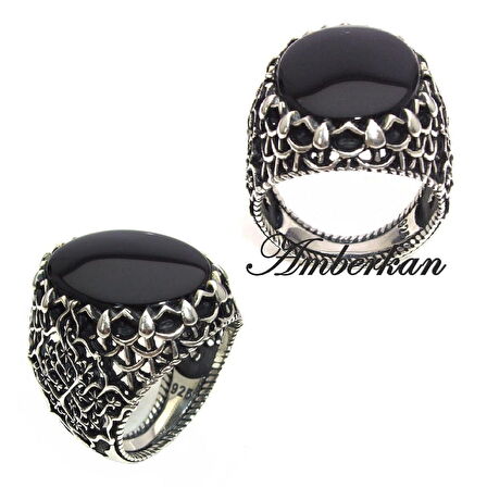 Amberkan Düz Oniks Taşlı Özel Tasarımlı Erkek Yüzük