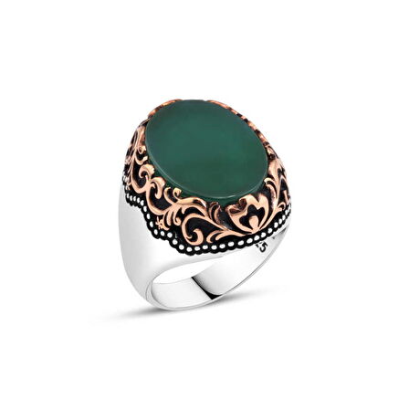 Amberkan Düz Yeşil Akik Taşlı Erkek Yüzük