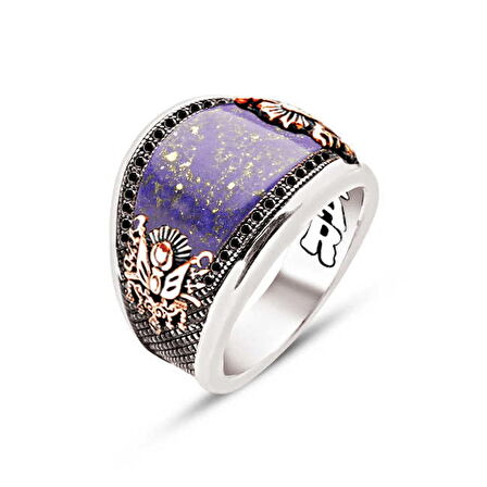 Amberkan ​​​Gümüş Özel Kesim Sıkma Lapis Kenarı Siyah Zirkon İşlemeli Osmanlı Devlet Armalı Erkek Yüzük