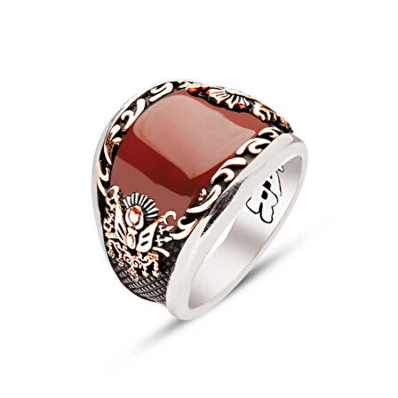 Amberkan ​​Gümüş Özel Kesim Akik Kenarlar İşlemeli Osmanlı Devlet Armalı Erkek Yüzük