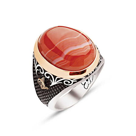 Amberkan ​Gümüş Özel Kesim Kapşon Damarlı Akik Taş Kenarları Osmanlı Tuğralı İşlemeli Yüzük