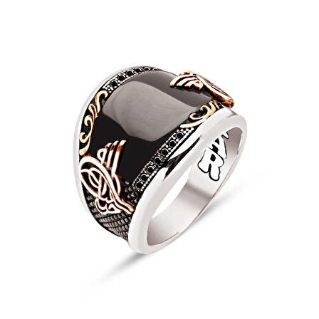 Amberkan ​Gümüş Özel Kesim Oniks Kenarları Siyah Zirkon İşlemeli Osmanlı Tuğralı Erkek Yüzük