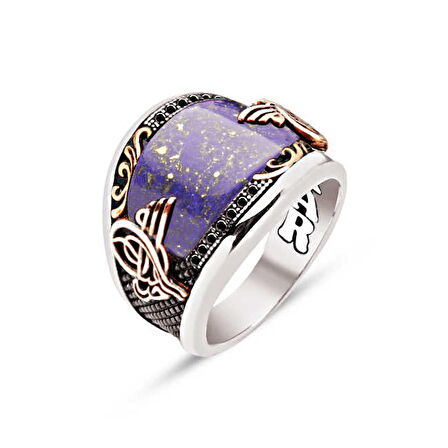 Amberkan ​Gümüş Özel Kesim Sıkma Lapis Kenarları Motif ve Siyah Zirkon İşlemeli Osmanlı Tuğralı Erkek Yüzük