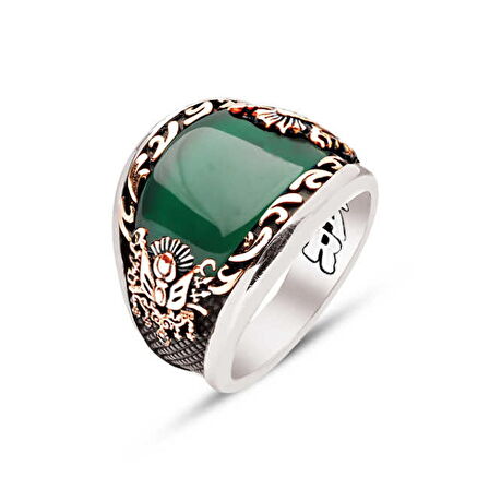 Amberkan ​Gümüş Özel Kesim Yeşil Akik Kenarı İşlemeli Osmanlı Devlet Armalı Erkek Yüzük