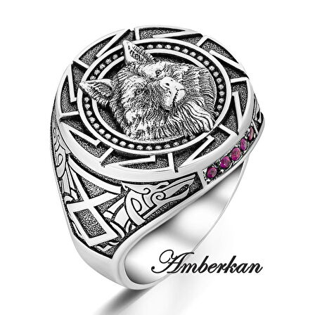 Kırmızı Zirkon Taşlı Kurt Başlı ve Kurt Figürlü Gümüş Yüzük