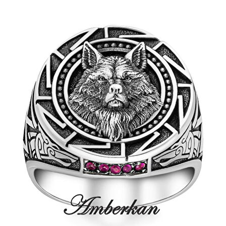 Kırmızı Zirkon Taşlı Kurt Başlı ve Kurt Figürlü Gümüş Yüzük