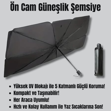 Oto Araç İçi Ön Cam Güneşlik Şemsiyesi - 5 Katmanlı UV Blokaj Kaplamalı, Isı Yalıtımlı Ön Cam Güneşliği - Araba, Minivan, SUV ve Kamyonet İçin Güneşten Koruyucu Şemsiye Büyük Boy (140 cm x 80 cm)