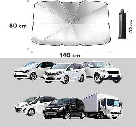 Oto Araç İçi Ön Cam Güneşlik Şemsiyesi - 5 Katmanlı UV Blokaj Kaplamalı, Isı Yalıtımlı Ön Cam Güneşliği - Araba, Minivan, SUV ve Kamyonet İçin Güneşten Koruyucu Şemsiye Büyük Boy (140 cm x 80 cm)