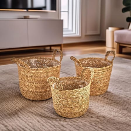 Deconox 3'Lu El Yapimi Dogal Hasir Kulplu Yuvarlak Saksi Seti, Hasir El Yapimi Suya Karsi Koruma Posetli Yuvarlak Orgu Saksi 3'Lu Set, Rattan Saksi Seti, (24Cm*22Cm 22Cm*20Cm 20Cm*18Cm)