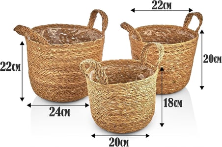 Deconox 3'Lu El Yapimi Dogal Hasir Kulplu Yuvarlak Saksi Seti, Hasir El Yapimi Suya Karsi Koruma Posetli Yuvarlak Orgu Saksi 3'Lu Set, Rattan Saksi Seti, (24Cm*22Cm 22Cm*20Cm 20Cm*18Cm)