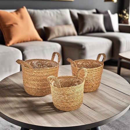 Deconox 3'Lu El Yapimi Dogal Hasir Kulplu Yuvarlak Saksi Seti, Hasir El Yapimi Suya Karsi Koruma Posetli Yuvarlak Orgu Saksi 3'Lu Set, Rattan Saksi Seti, (24Cm*22Cm 22Cm*20Cm 20Cm*18Cm)
