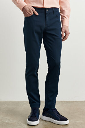 Erkek Lacivert Slim Fit Dar Kesim Armürlü Esnek Casual Pantolon