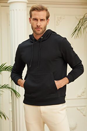 Erkek Kapüşonlu Comfort Fit Düz Sweatshirt Siyah