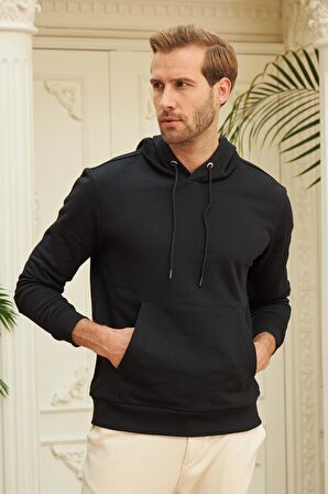 Erkek Kapüşonlu Comfort Fit Düz Sweatshirt Siyah