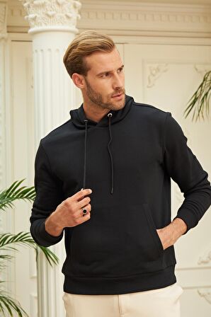 Erkek Kapüşonlu Comfort Fit Düz Sweatshirt Siyah