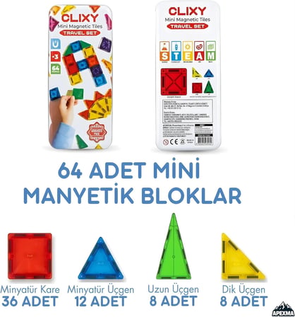 Oyuncak Eğitici STEM Manyetik Yapı Blokları 64 Parça – 3D Zeka Geliştirici Manyetik Karo Seti