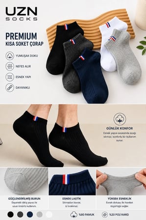 • Erkek/ Ribana Bilek Çorap – 5’li Paket (Siyah/Lacivert/Antrasit/Beyaz/Gri)