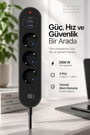 Robeve Blic Termal Akım Korumalı 3’lü Priz 2500W – 1 USB-C + 2 USB-A Hızlı Şarj Girişli Çoklu Priz – Aşırı Akım, Isınma ve Kısa Devre Korumalı Aç/Kapa Anahtarlı Siyah Uzatma Prizi Grup Priz