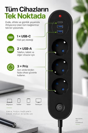 Robeve Blic Termal Akım Korumalı 3’lü Priz 2500W – 1 USB-C + 2 USB-A Hızlı Şarj Girişli Çoklu Priz – Aşırı Akım, Isınma ve Kısa Devre Korumalı Aç/Kapa Anahtarlı Siyah Uzatma Prizi Grup Priz