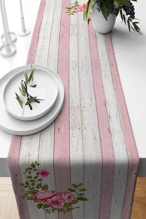 Pelangi Pembe Vintage Gül Desenli Leke Tutmaz Kumaş Salon Mutfak Masa Değişik Ranır Modelleri Runner, Pembe-Beyaz 40 x 140