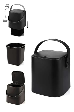 Tutma Saplı İç Kovalı Tezgah Üstü Mutfak Çöp Kovası, 4 Litre, Kilitli Kapak, Click Kapak, 20x20x22 cm, Siyah
