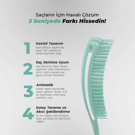 Airflex Dolaşık Saç Açma Fırçası, Kolay Tarama, Elektriklenme Önleyici Tarak (SU YEŞİLİ)