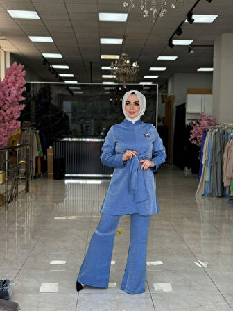 Kuşak Detaylı Takım Bebe Mavisi Beden 1-38-40