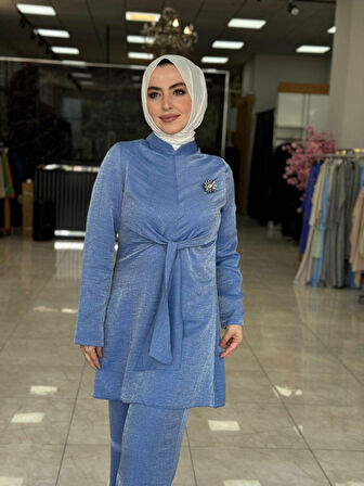 Kuşak Detaylı Takım Bebe Mavisi Beden 1-38-40