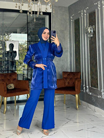 Nurgül Üçlü Takım-Saks mavisi Beden 38
