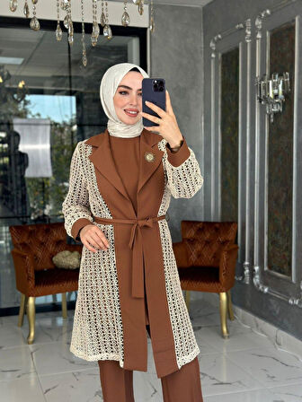 Hande Dantelli Takım-Kahverengi Beden 42
