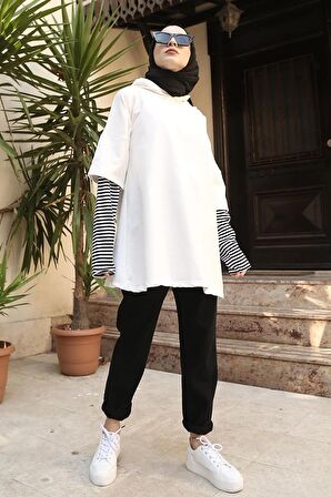 Kolu Çizgi Detaylı Kapüşonlu Sweat