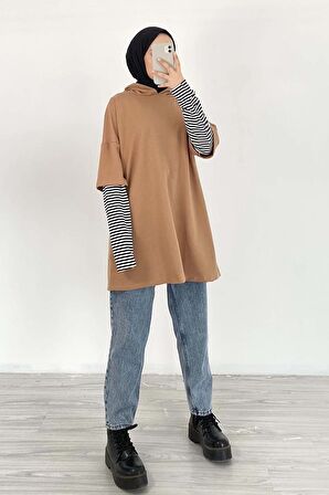 Kolu Çizgi Detaylı Kapüşonlu Sweat