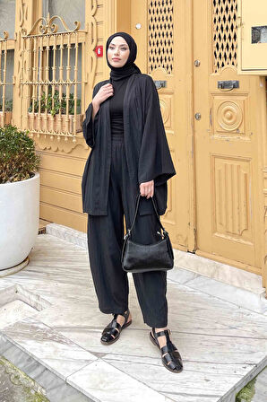 Gofre Kimono İkili Tesettür Takım Siyah