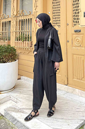 Gofre Kimono İkili Tesettür Takım Siyah