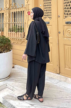 Gofre Kimono İkili Tesettür Takım Siyah