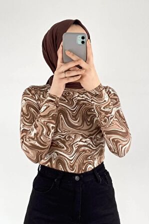 Yarım Balıkçı Yaka Ebru Desenli Body
