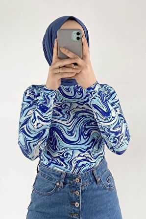 Yarım Balıkçı Yaka Ebru Desenli Body