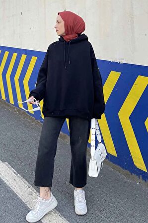 Kapşonlu Oversize Yan Cepli Sweat