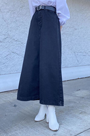 Önü Fermuarlı Kot Etek Siyah