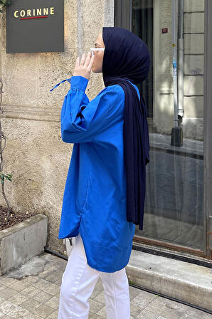 Manşeti Biyeli Tunik Saks Mavisi