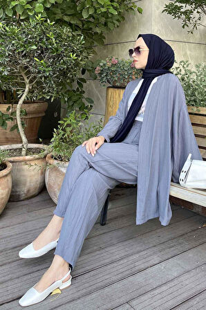 Gofre Kimono İkili Tesettür Takım Füme