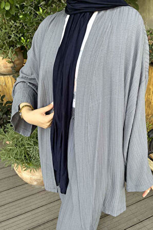 Gofre Kimono İkili Tesettür Takım Füme