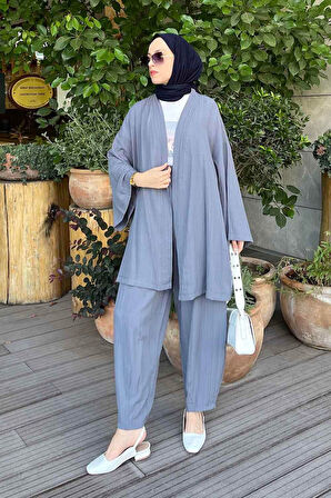 Gofre Kimono İkili Tesettür Takım Füme