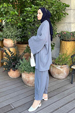 Gofre Kimono İkili Tesettür Takım Füme