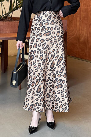 Saten Pamuklu Leopar Etek Camel