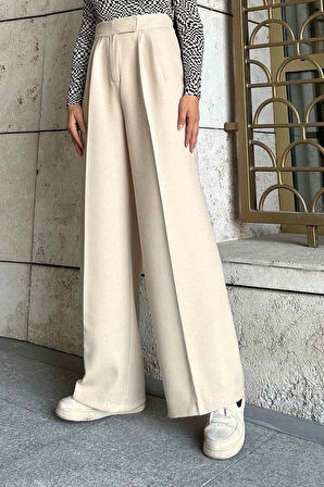Beli Cırt Cırtlı Palazzo Model Pantolon Taş