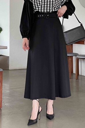 Kemer Detaylı Kloş Etek Siyah