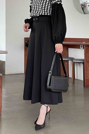 Kemer Detaylı Kloş Etek Siyah