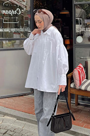 Kol Bağlama Detaylı Oversize Gömlek Beyaz