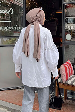 Kol Bağlama Detaylı Oversize Gömlek Beyaz